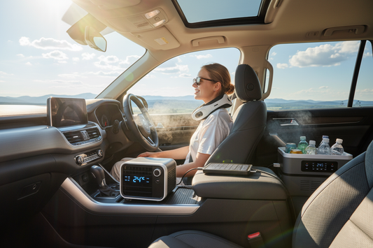 Woman using portable cooling solutions for summer inside a car, enjoying cool air and chilled drinks