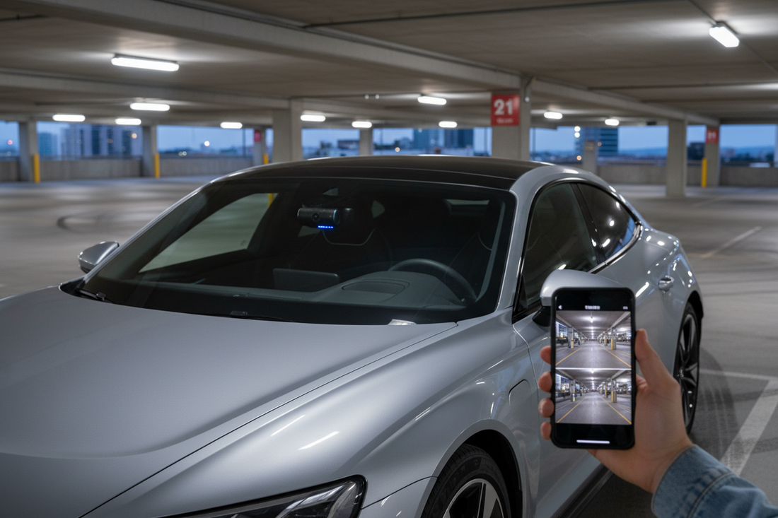 Modern dash cam security system streaming live parking footage to a smartphone for enhanced vehicle protection