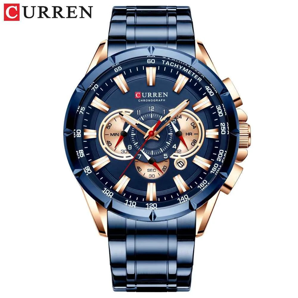 Men New CURREN Casual Sport Chronograph Men's Watch Stainless Steel Band Wristwatch Big Dial Quartz Clock with Luminous Pointers