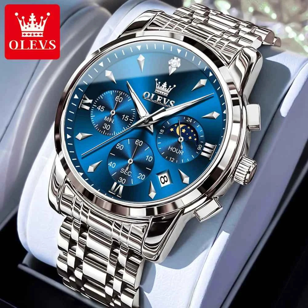 OLEVS 3639 Moon Phase Original Mens Watches Classic Three Eyes 30m Waterproof Luminous Chronograph Quartz Wristwatch Brand Watch