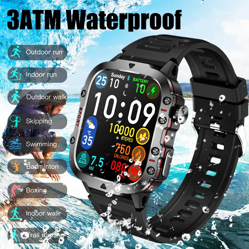 2024 Rugged Military Fitness Smart Watch for Men - Waterproof 3ATM Sport Smartwatch with AI Voice Calling for Android, Xiaomi, and iOS
