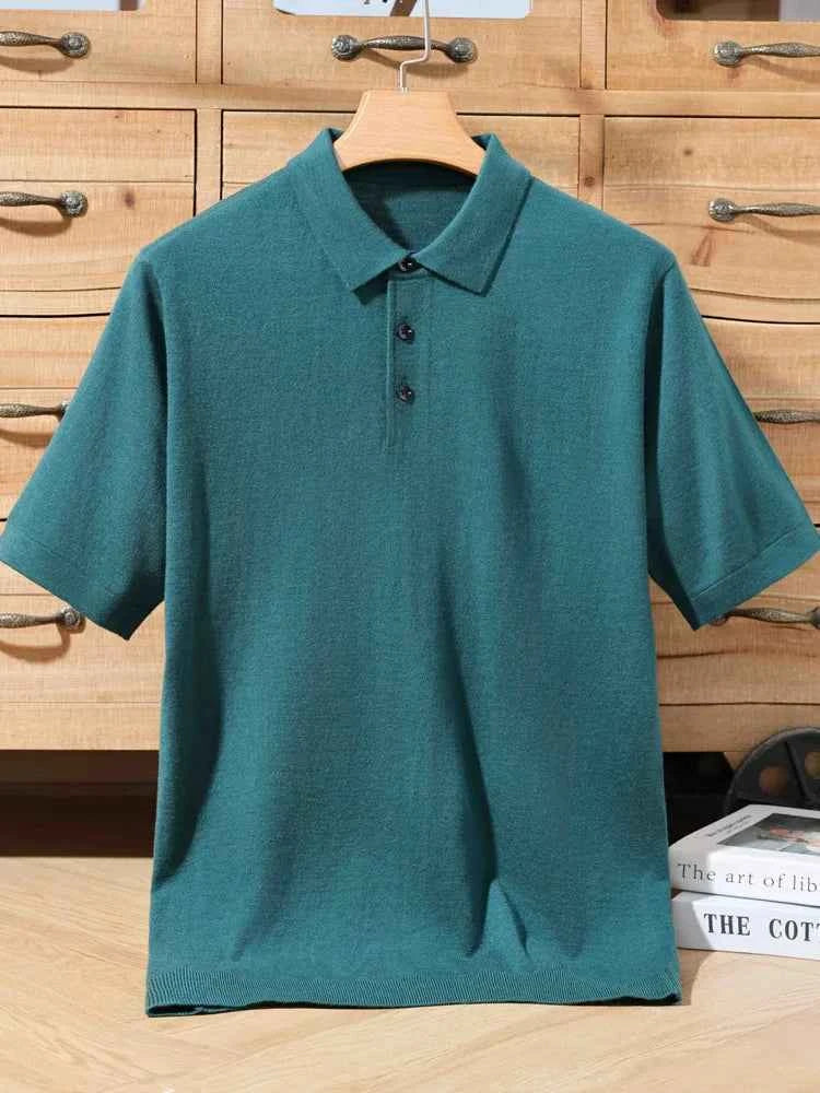 100% merino sweater summer men's lapel pullover short sleeve POLO neck sweater loose top knitted clothing plus size T-shirt