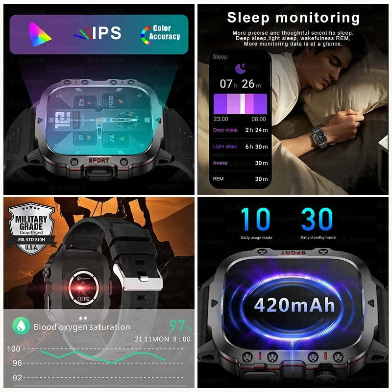 2024 Rugged Military Fitness Smart Watch for Men - Waterproof 3ATM Sport Smartwatch with AI Voice Calling for Android, Xiaomi, and iOS