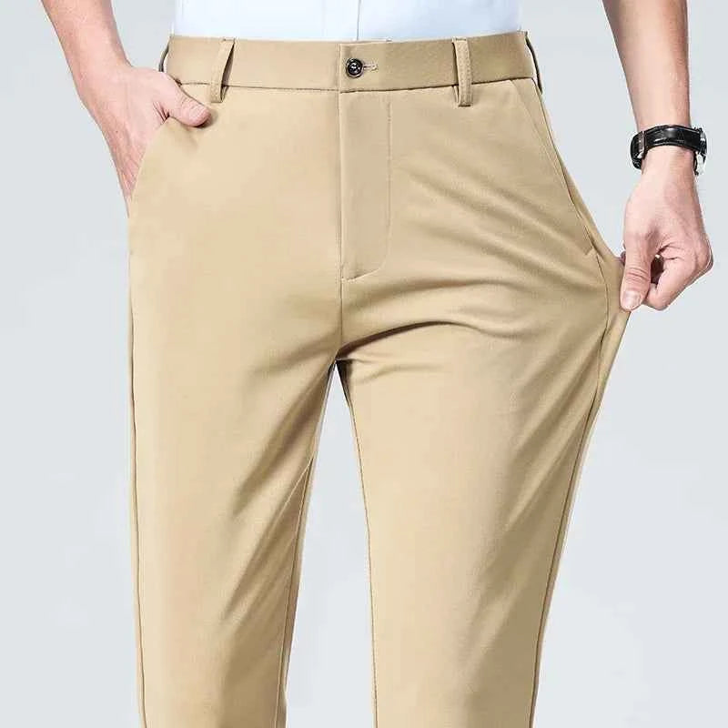 Spring Summer Stretch Smooth Trousers Men Classic Business Elastic Waist Pants Thin Black Gray Blue Casual Suit Pants Male Brand