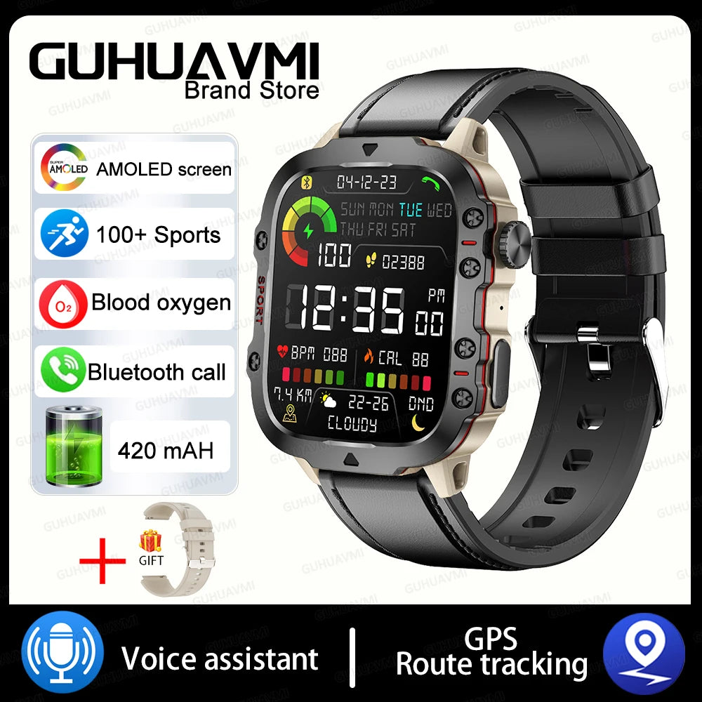 2024 Rugged Military Fitness Smart Watch for Men - Waterproof 3ATM Sport Smartwatch with AI Voice Calling for Android, Xiaomi, and iOS