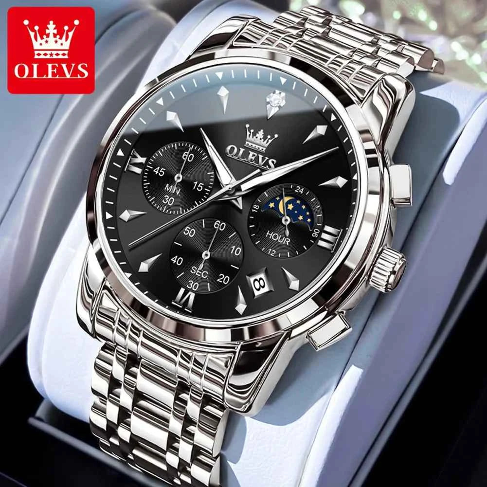 OLEVS 3639 Moon Phase Original Mens Watches Classic Three Eyes 30m Waterproof Luminous Chronograph Quartz Wristwatch Brand Watch