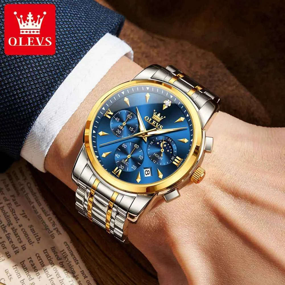 OLEVS 3639 Moon Phase Original Mens Watches Classic Three Eyes 30m Waterproof Luminous Chronograph Quartz Wristwatch Brand Watch