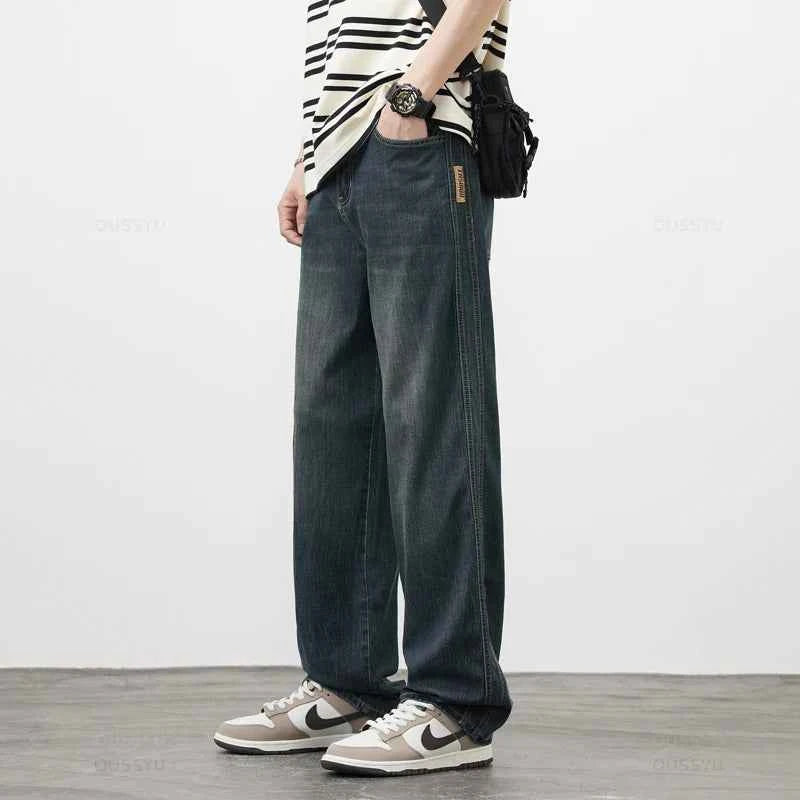 Spring Summer High Quality Soft Lyocell Fabric Jeans Men Thin Loose Wide Leg Pants Elastic Waist Casual Trousers Plus Size 28-40