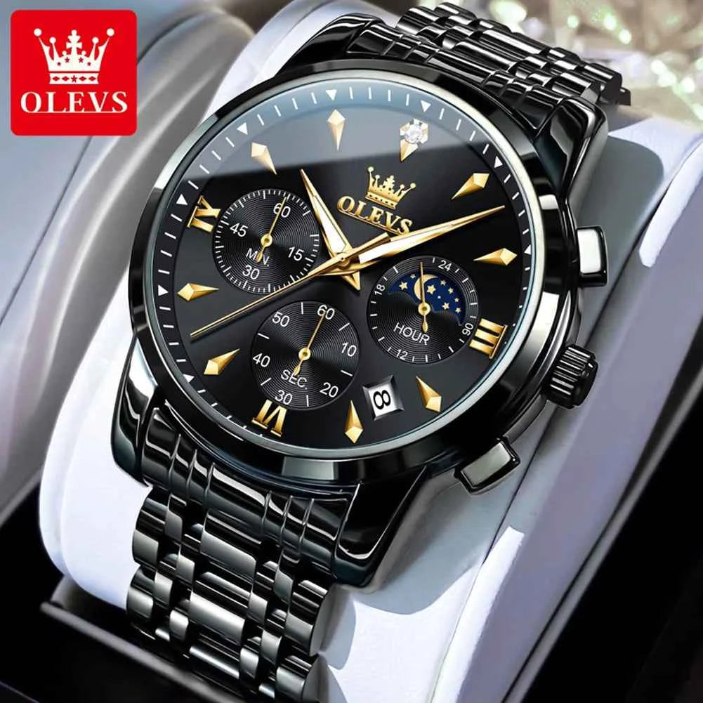 OLEVS 3639 Moon Phase Original Mens Watches Classic Three Eyes 30m Waterproof Luminous Chronograph Quartz Wristwatch Brand Watch