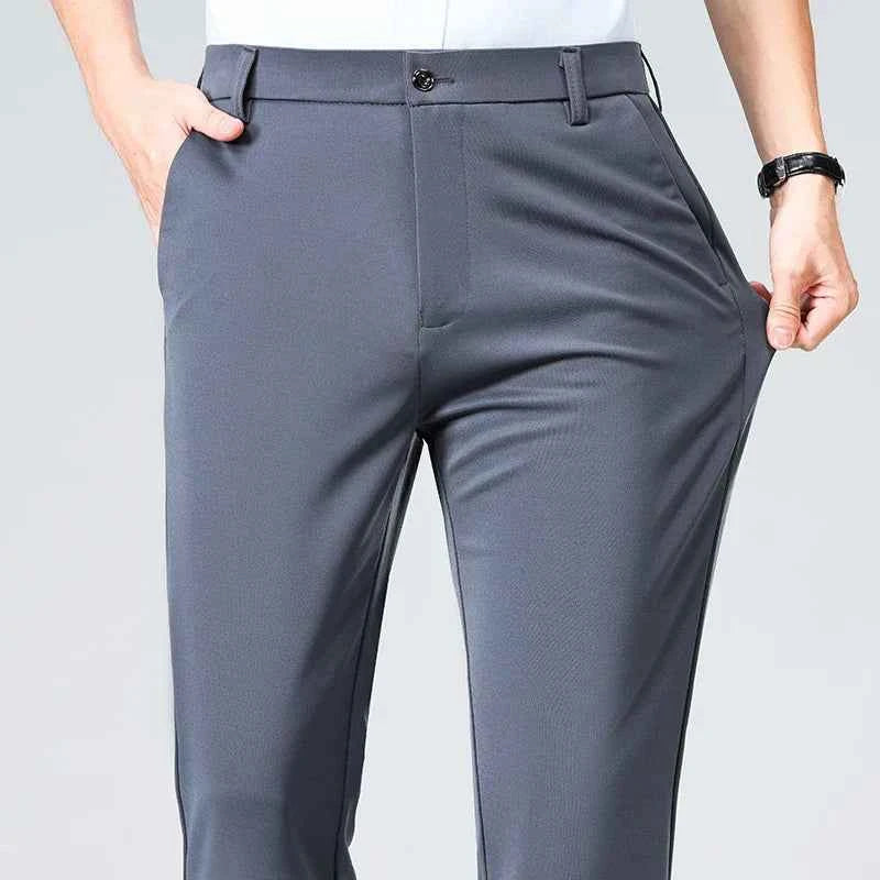 Spring Summer Stretch Smooth Trousers Men Classic Business Elastic Waist Pants Thin Black Gray Blue Casual Suit Pants Male Brand
