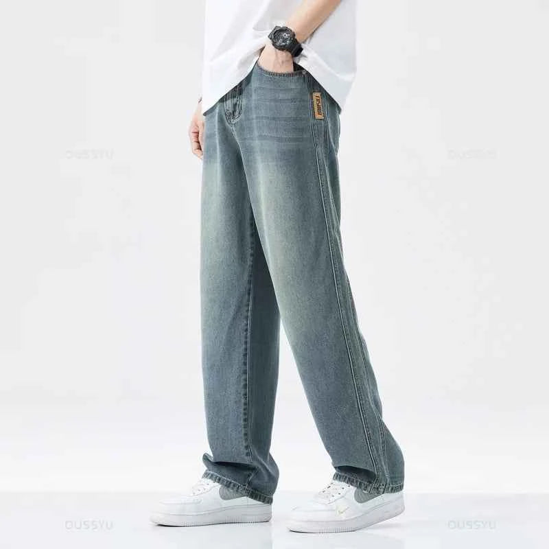 Spring Summer High Quality Soft Lyocell Fabric Jeans Men Thin Loose Wide Leg Pants Elastic Waist Casual Trousers Plus Size 28-40