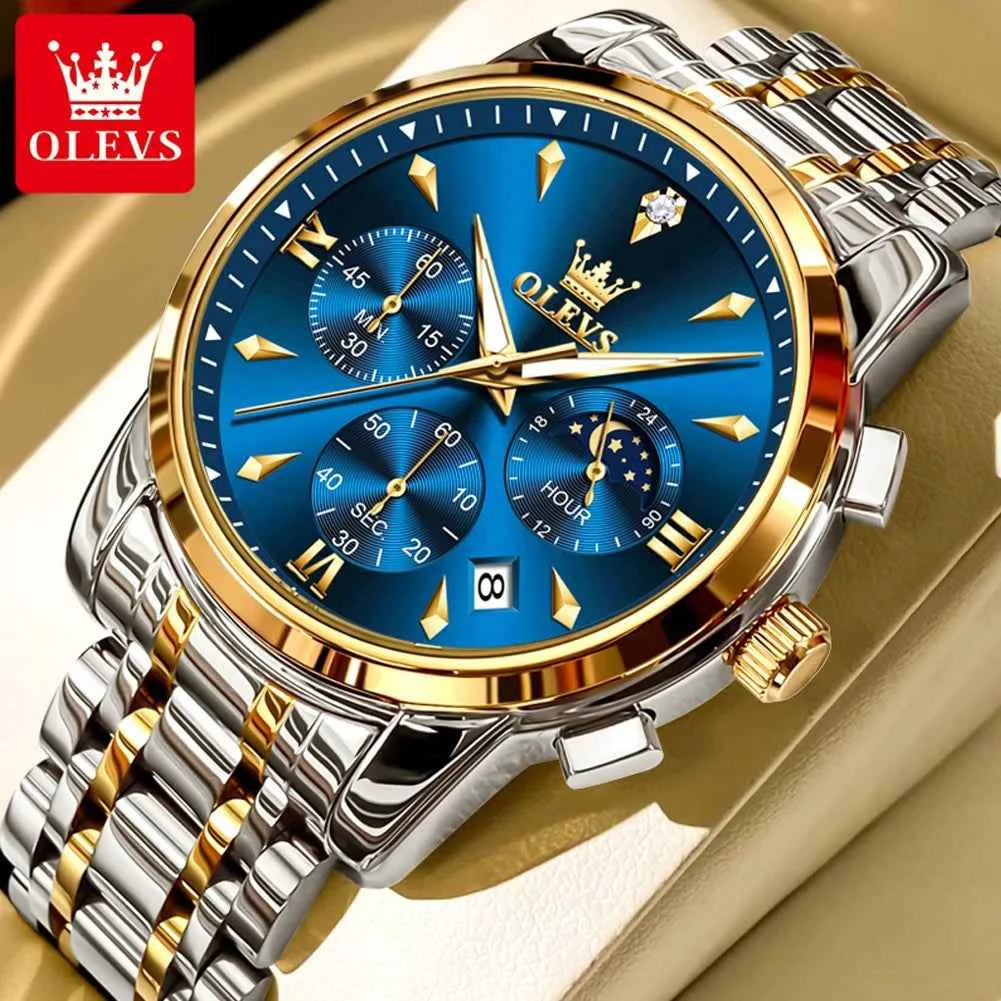 OLEVS 3639 Moon Phase Original Mens Watches Classic Three Eyes 30m Waterproof Luminous Chronograph Quartz Wristwatch Brand Watch