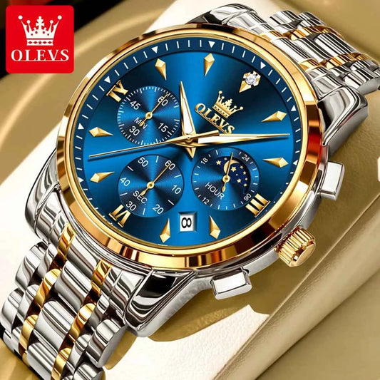 OLEVS 3639 Moon Phase Original Mens Watches Classic Three Eyes 30m Waterproof Luminous Chronograph Quartz Wristwatch Brand Watch