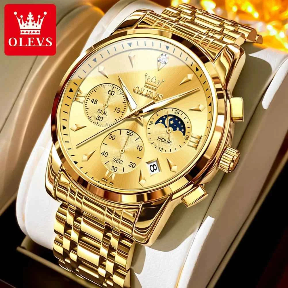 OLEVS 3639 Moon Phase Original Mens Watches Classic Three Eyes 30m Waterproof Luminous Chronograph Quartz Wristwatch Brand Watch