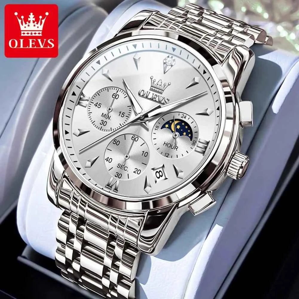 OLEVS 3639 Moon Phase Original Mens Watches Classic Three Eyes 30m Waterproof Luminous Chronograph Quartz Wristwatch Brand Watch