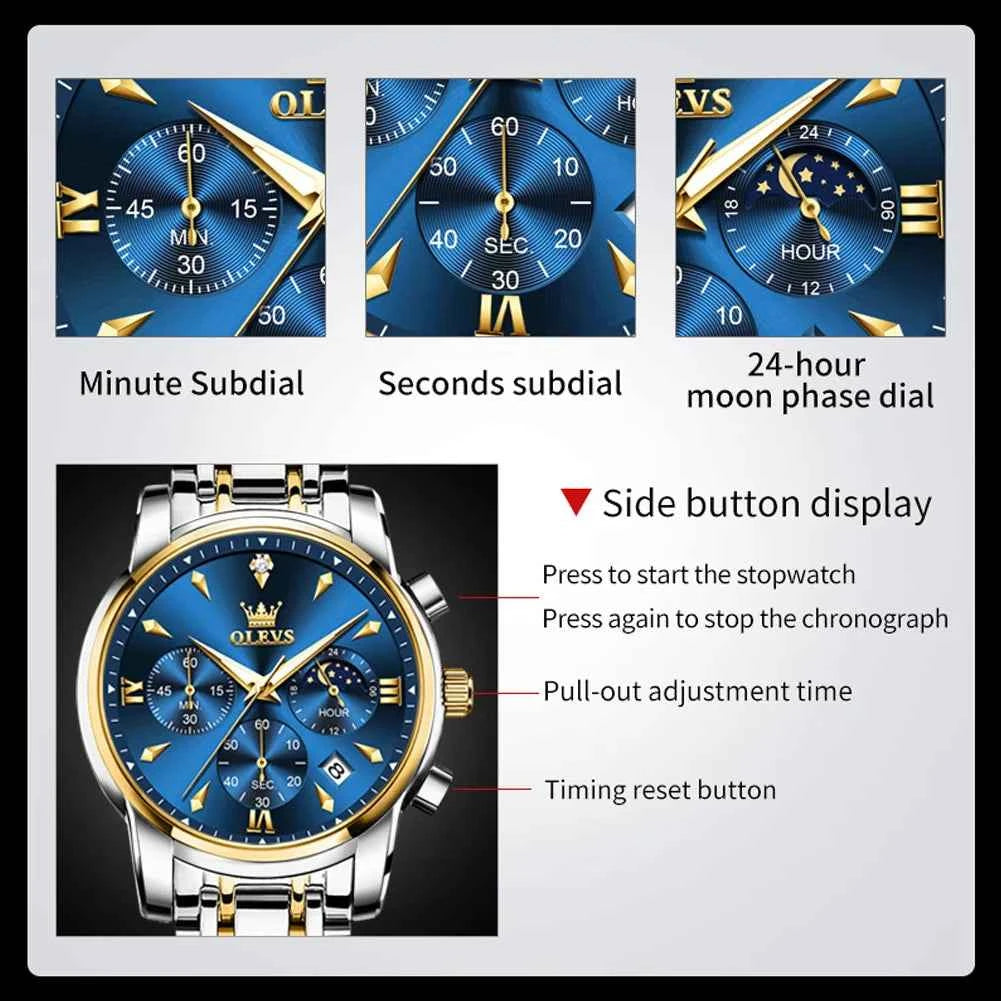 OLEVS 3639 Moon Phase Original Mens Watches Classic Three Eyes 30m Waterproof Luminous Chronograph Quartz Wristwatch Brand Watch