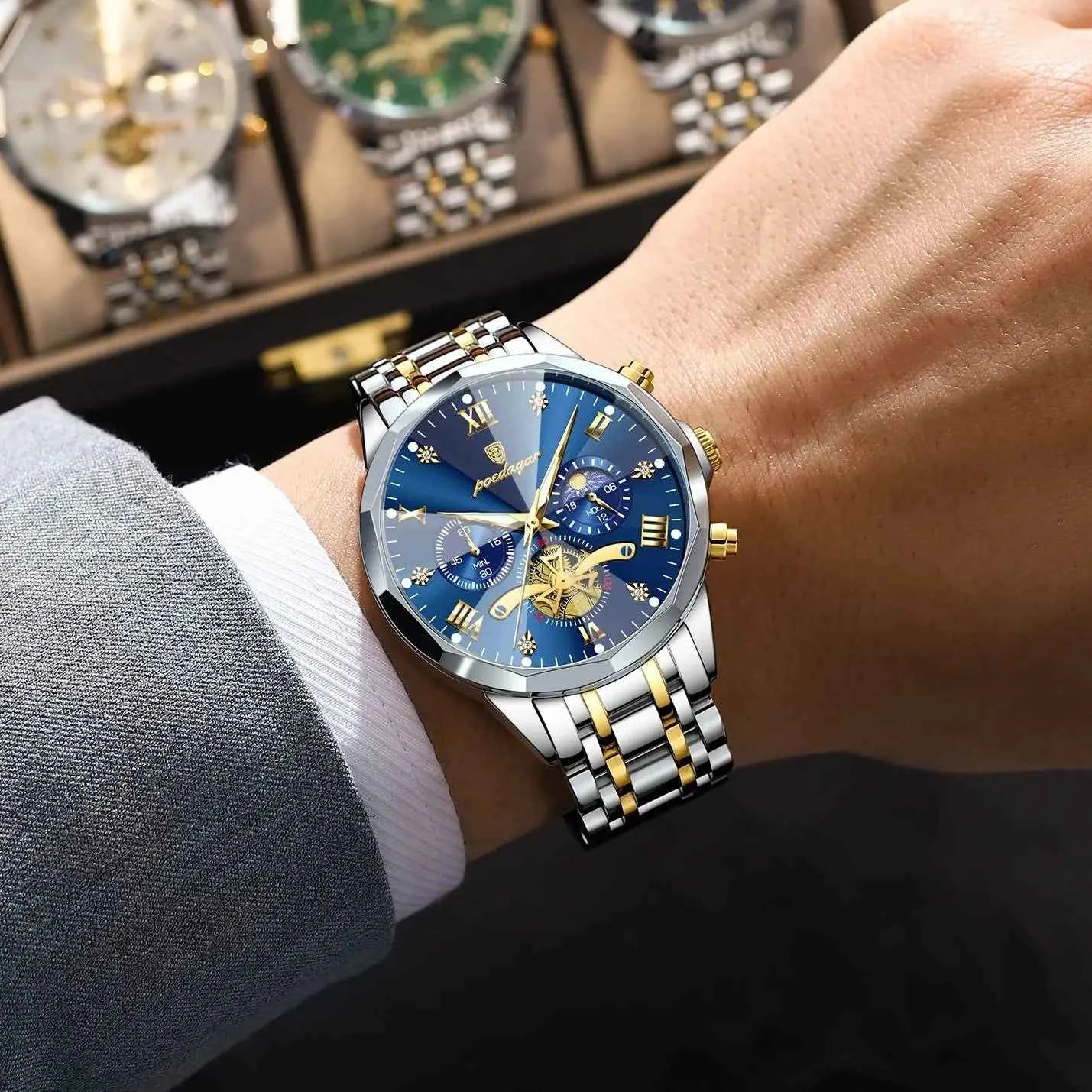 POEDAGAR Original Luxury Men's Watch Waterproof Luminous Chronograph Men Wristwatch Stainless Steel Quartz Watches For Man Reloj