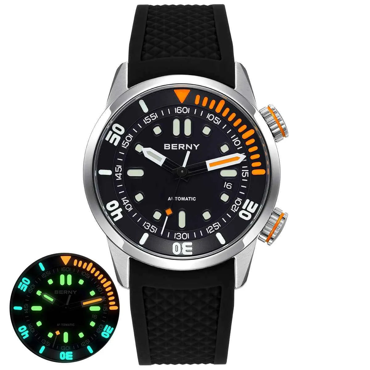BERNY 20Bar Diver Men Mechanical Watch Miyota 8215 Super Luminous Sapphire Swiming Automatic Self Wind Silicone Men Wristwatch