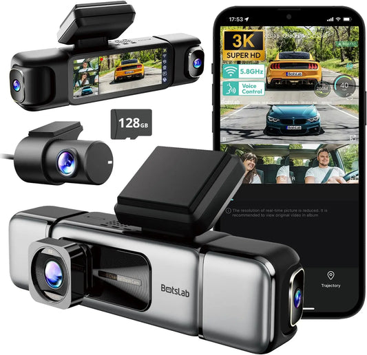3K 4 Channel Dash Cam with 560° All-Sides View, Front, Rear, Inside Camera, GPS, WiFi, Night Vision, Voice Control & Free 128GB Card