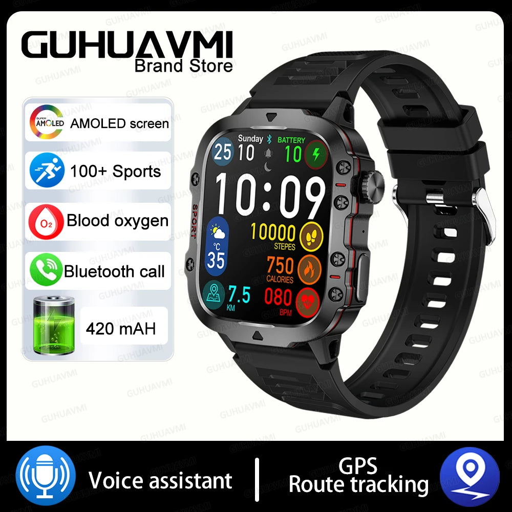 2024 Rugged Military Fitness Smart Watch for Men - Waterproof 3ATM Sport Smartwatch with AI Voice Calling for Android, Xiaomi, and iOS
