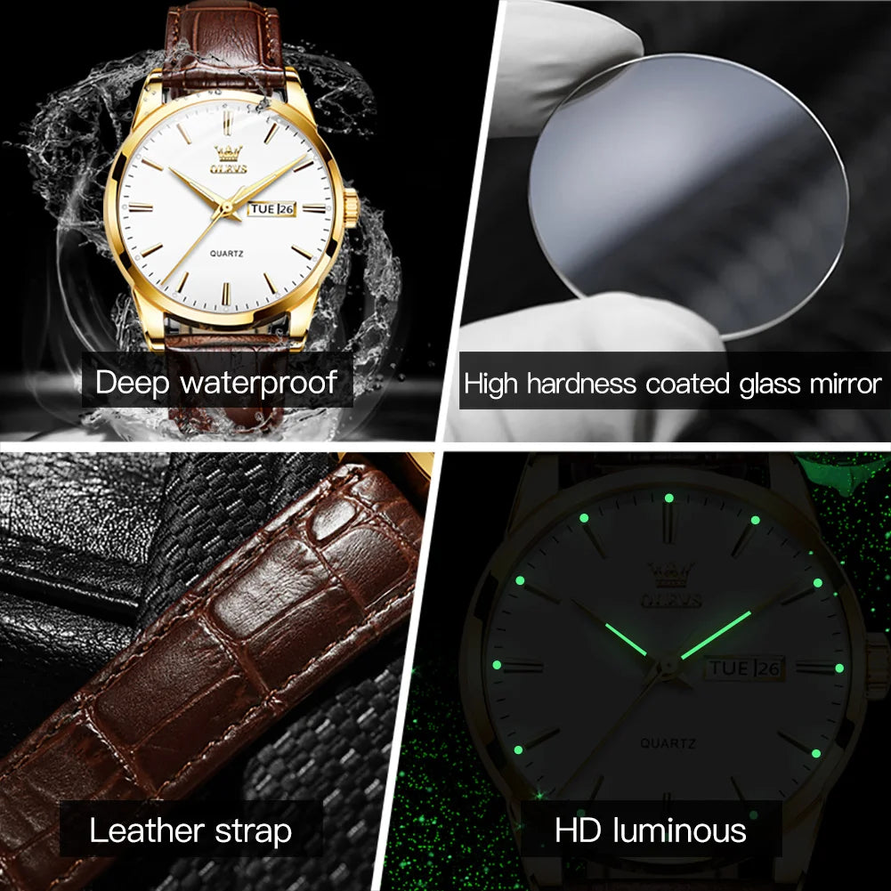 OLEVS Mens Quartz Watches Brand Luxury Casual Fashion Men's Watch For Gifts Breathable leather Waterproof luminous Wristwatch