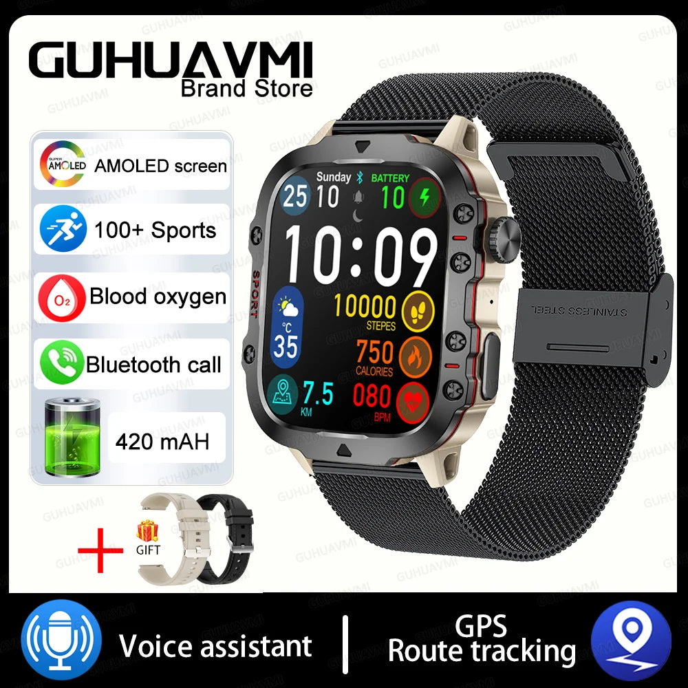 2024 Rugged Military Fitness Smart Watch for Men - Waterproof 3ATM Sport Smartwatch with AI Voice Calling for Android, Xiaomi, and iOS