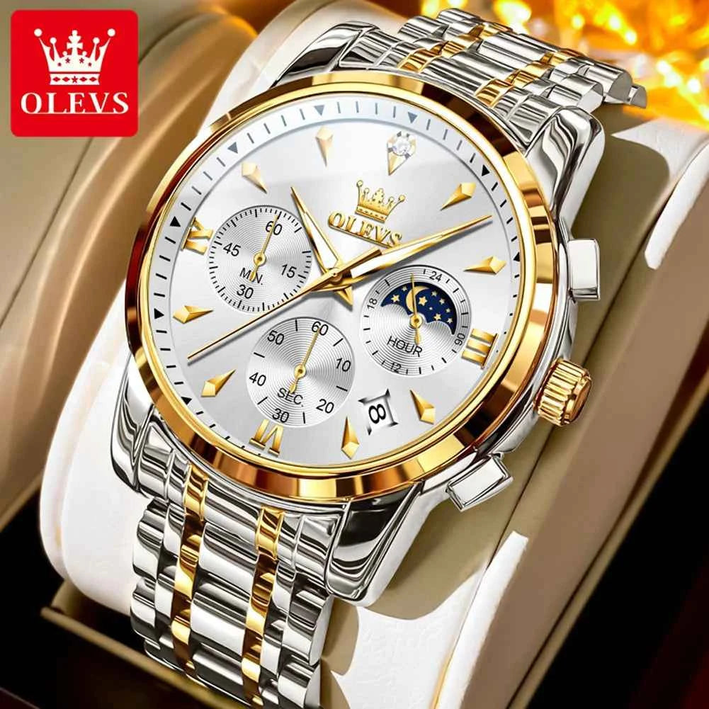 OLEVS 3639 Moon Phase Original Mens Watches Classic Three Eyes 30m Waterproof Luminous Chronograph Quartz Wristwatch Brand Watch