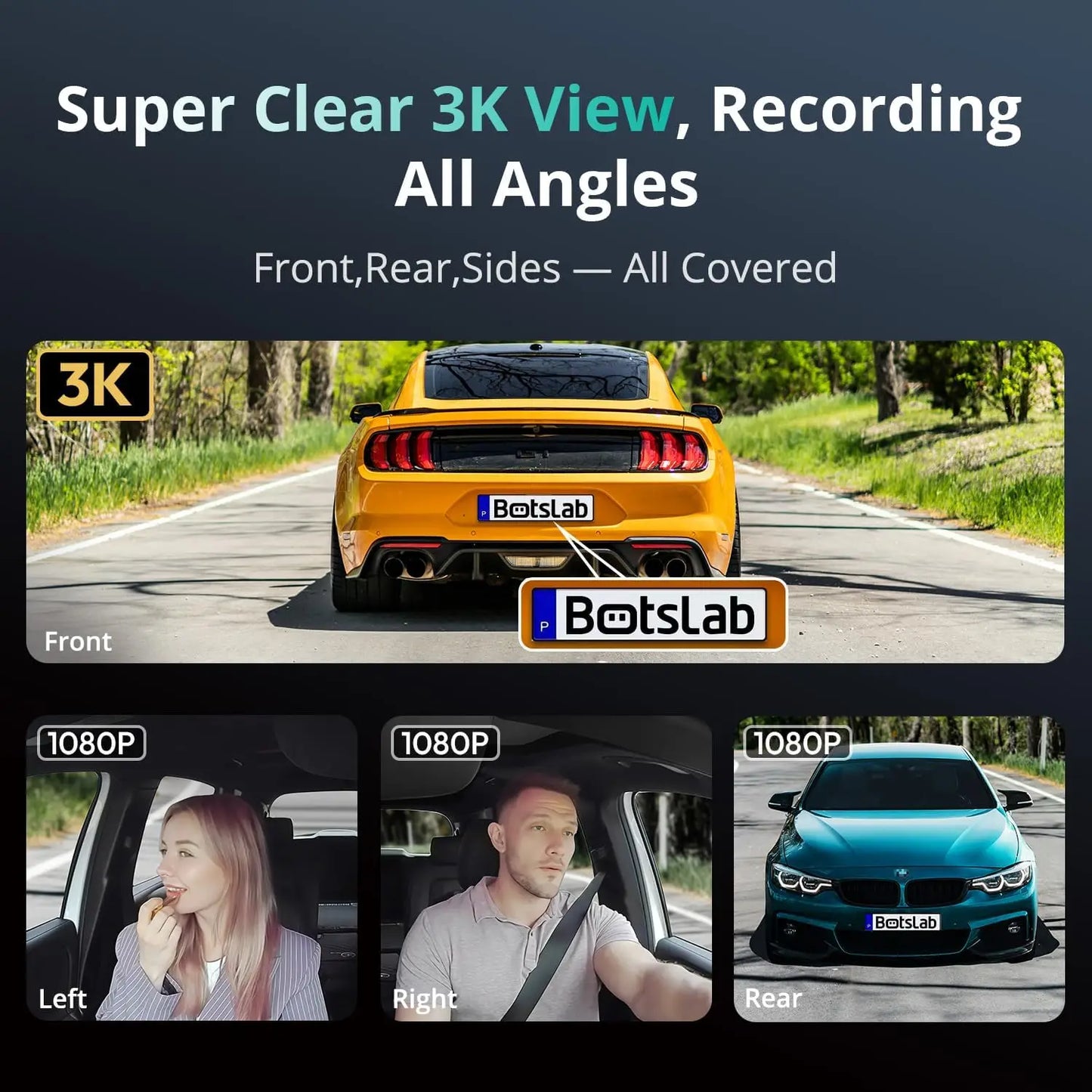 3K 4 Channel Dash Cam with 560° All-Sides View, Front, Rear, Inside Camera, GPS, WiFi, Night Vision, Voice Control & Free 128GB Card