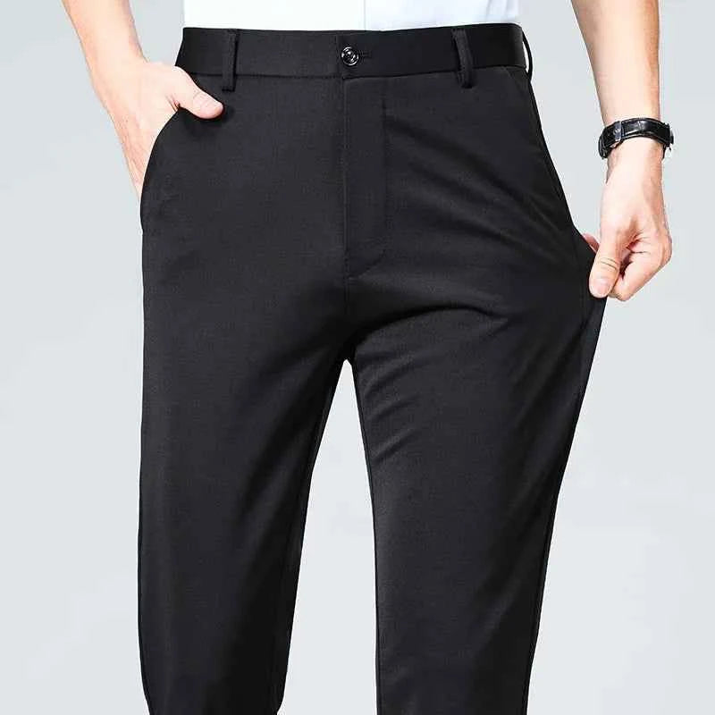 Spring Summer Stretch Smooth Trousers Men Classic Business Elastic Waist Pants Thin Black Gray Blue Casual Suit Pants Male Brand