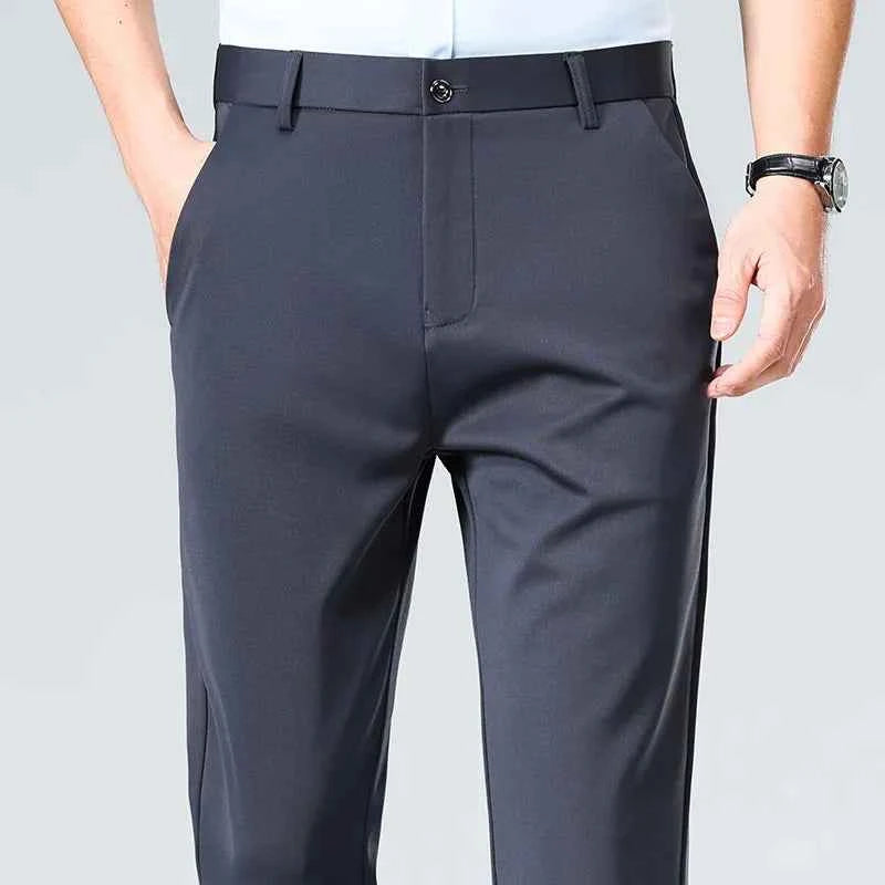 Spring Summer Stretch Smooth Trousers Men Classic Business Elastic Waist Pants Thin Black Gray Blue Casual Suit Pants Male Brand