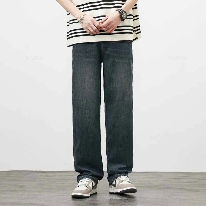 Spring Summer High Quality Soft Lyocell Fabric Jeans Men Thin Loose Wide Leg Pants Elastic Waist Casual Trousers Plus Size 28-40