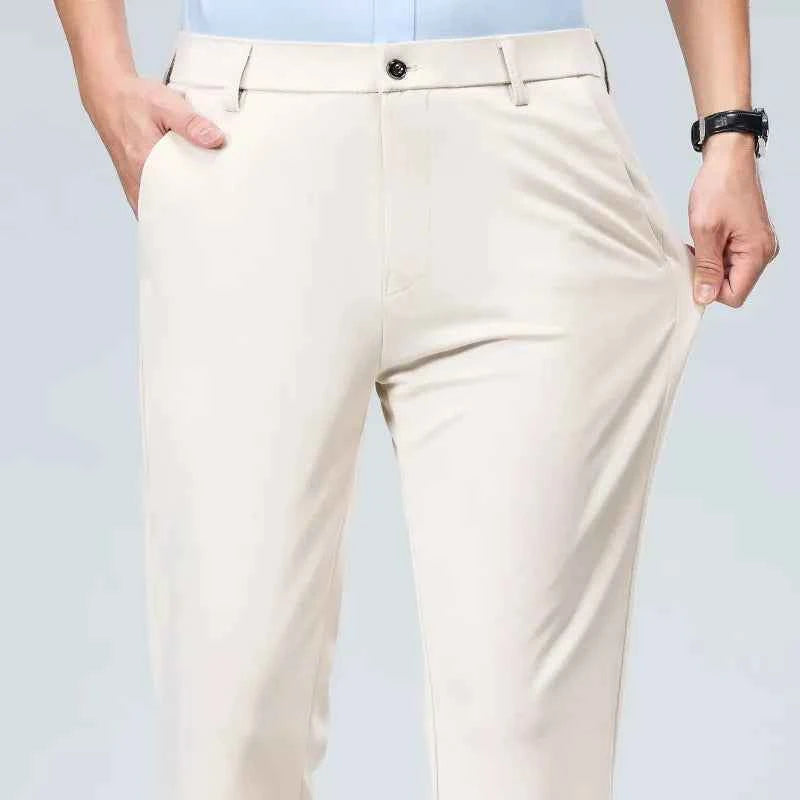 Spring Summer Stretch Smooth Trousers Men Classic Business Elastic Waist Pants Thin Black Gray Blue Casual Suit Pants Male Brand