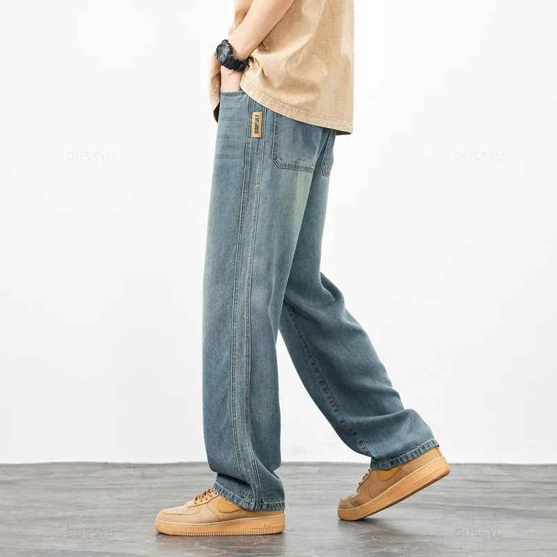 Spring Summer High Quality Soft Lyocell Fabric Jeans Men Thin Loose Wide Leg Pants Elastic Waist Casual Trousers Plus Size 28-40