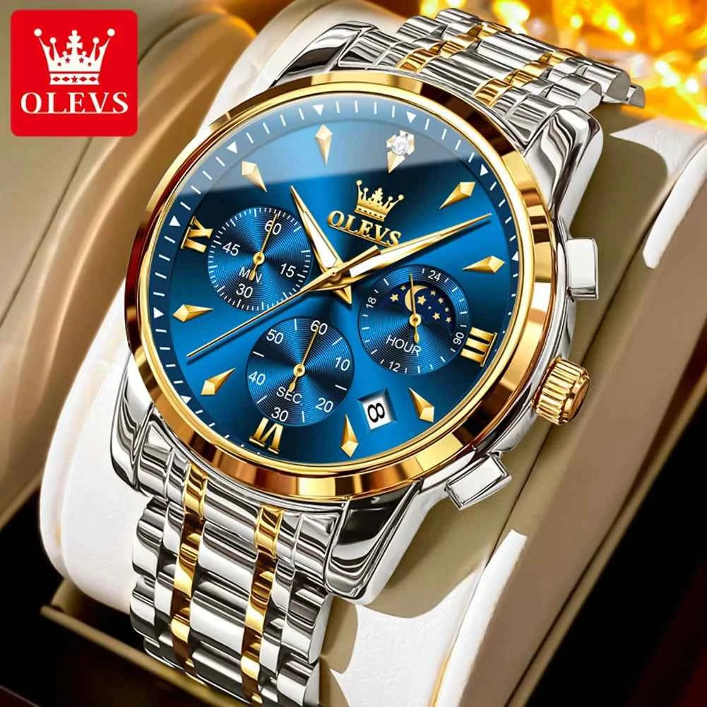 OLEVS 3639 Moon Phase Original Mens Watches Classic Three Eyes 30m Waterproof Luminous Chronograph Quartz Wristwatch Brand Watch