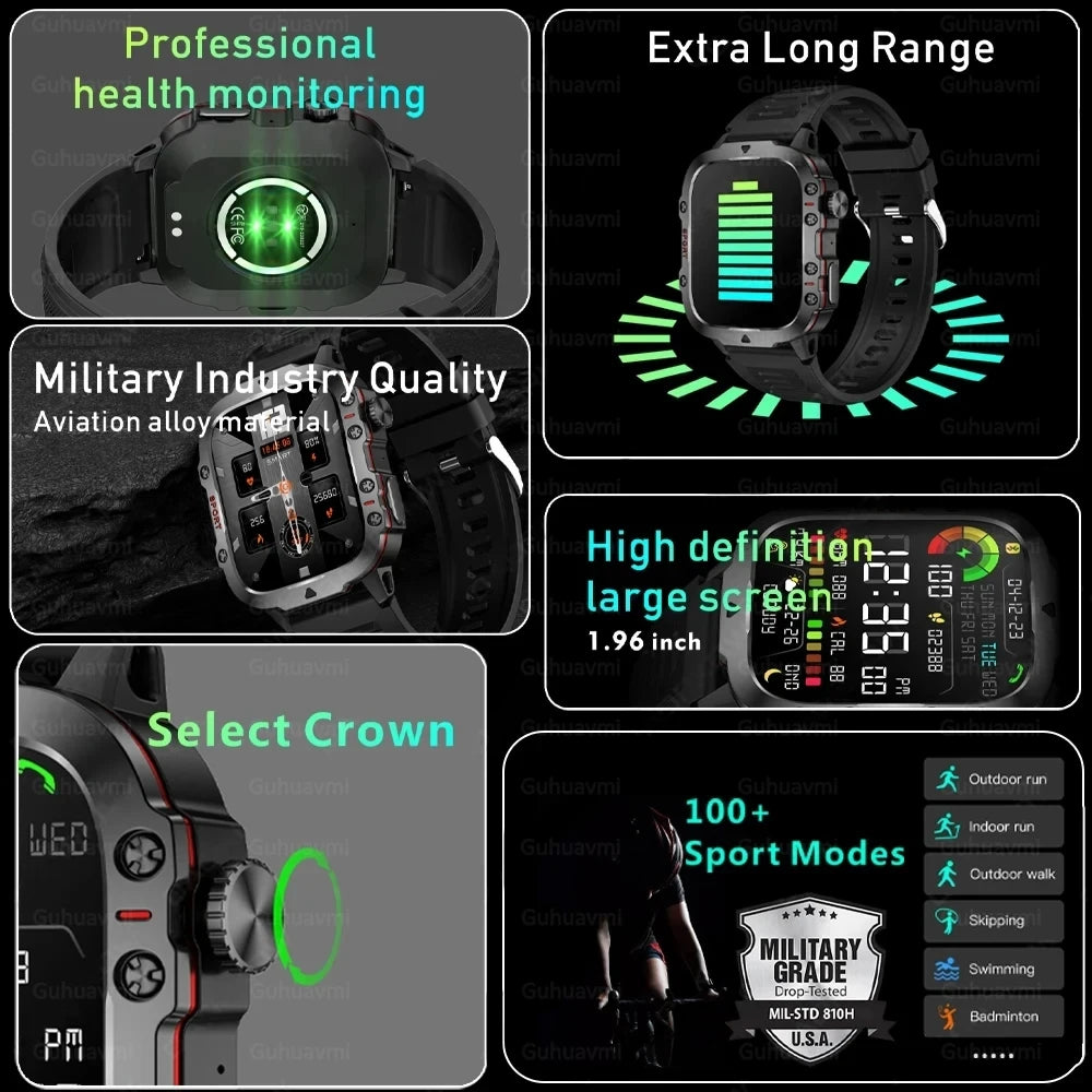 2024 Rugged Military Fitness Smart Watch for Men - Waterproof 3ATM Sport Smartwatch with AI Voice Calling for Android, Xiaomi, and iOS
