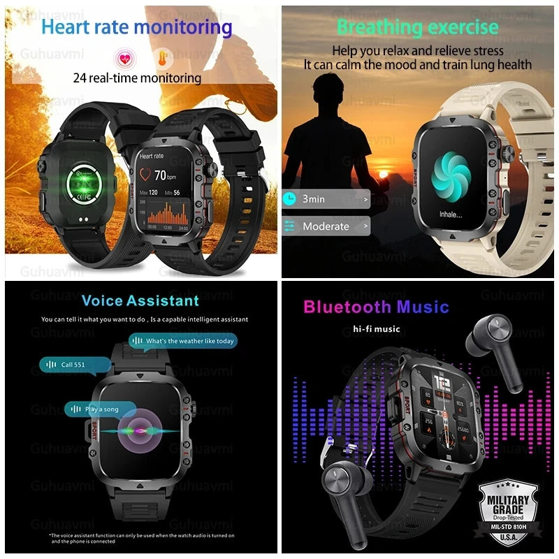 2024 Rugged Military Fitness Smart Watch for Men - Waterproof 3ATM Sport Smartwatch with AI Voice Calling for Android, Xiaomi, and iOS
