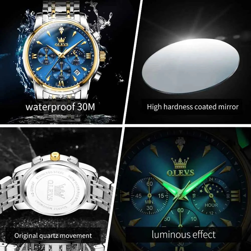 OLEVS 3639 Moon Phase Original Mens Watches Classic Three Eyes 30m Waterproof Luminous Chronograph Quartz Wristwatch Brand Watch