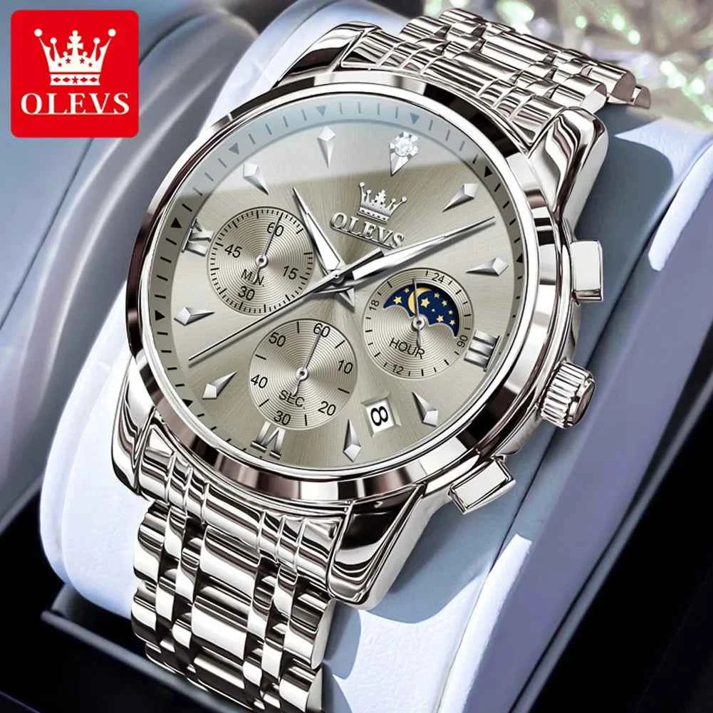 OLEVS 3639 Moon Phase Original Mens Watches Classic Three Eyes 30m Waterproof Luminous Chronograph Quartz Wristwatch Brand Watch