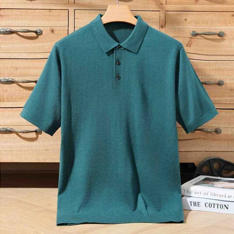 100% merino sweater summer men's lapel pullover short sleeve POLO neck sweater loose top knitted clothing plus size T-shirt