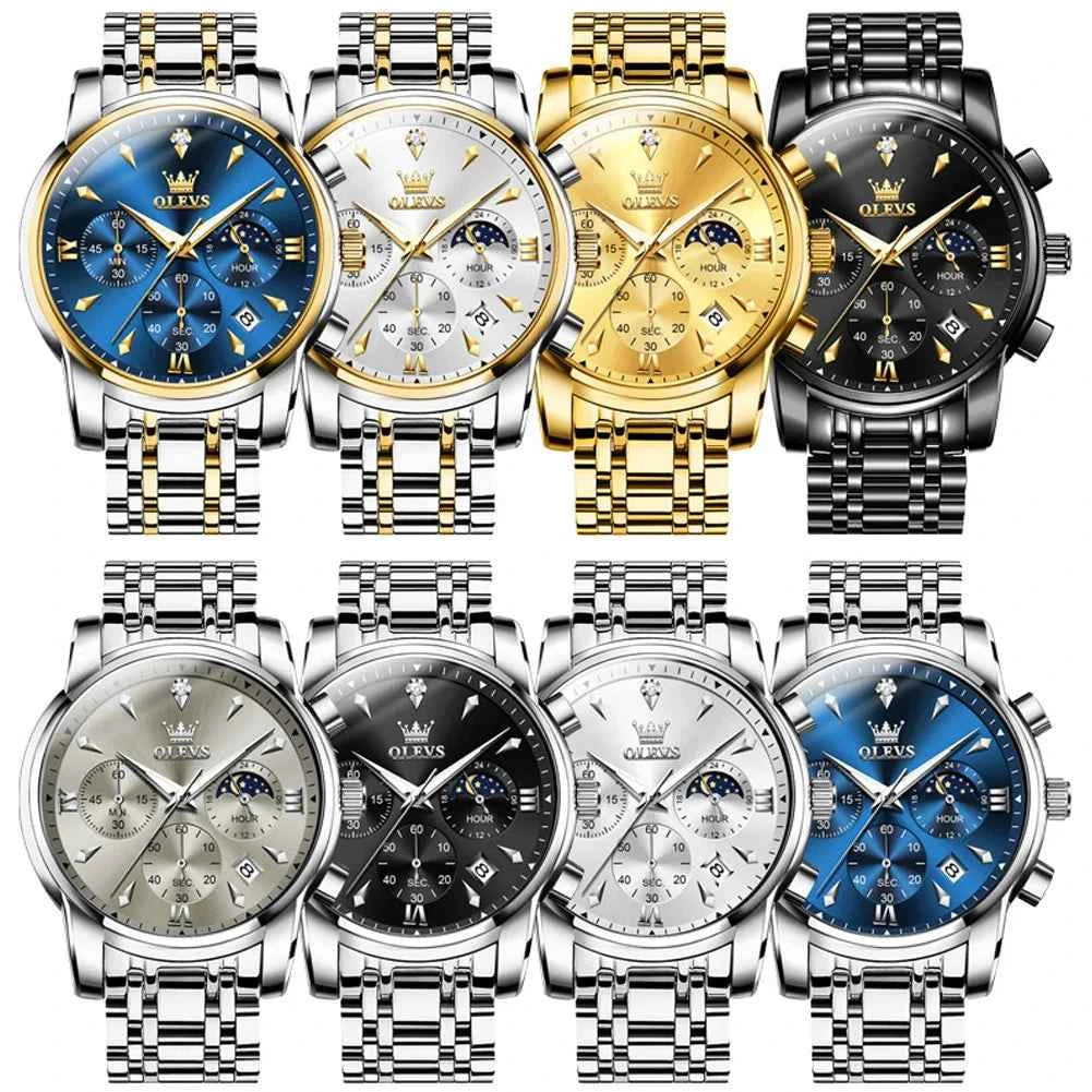 OLEVS 3639 Moon Phase Original Mens Watches Classic Three Eyes 30m Waterproof Luminous Chronograph Quartz Wristwatch Brand Watch